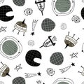 Seamless pattern with cartoon planets, spaceship, moon, stars, decor elements. Colorful vector flat style for kids. Space.